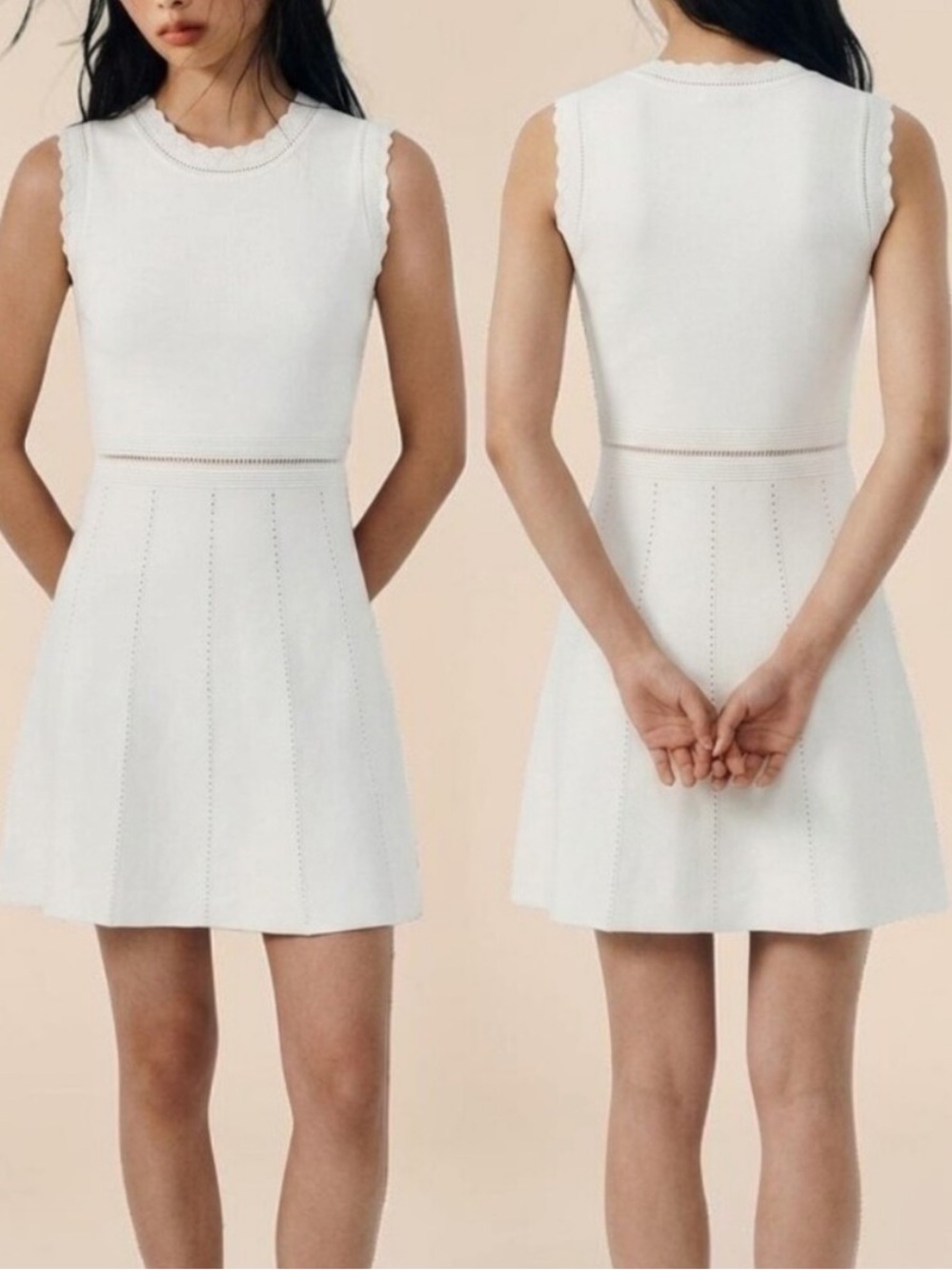 Zara Sleeveless Scalloped Pointelle Knit Mini Dress Cream Small